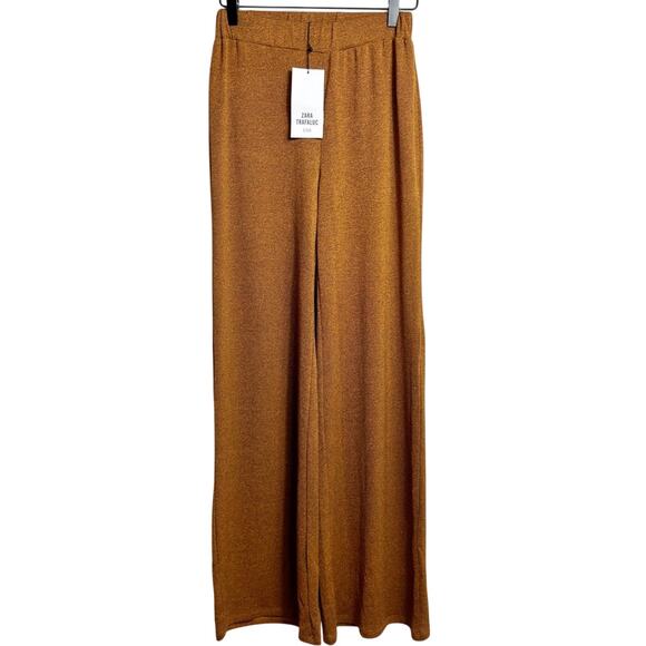 ZARA TRAFALUC WIDE LEG BROWN SOFT COMFY WOMEN PANTS SIZE SMALL BRAND NEW - Picture 1 of 6